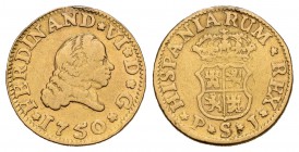 Fernando VI (1746-1759). 1/2 escudo. 1750. Sevilla. PJ. (Cal-263). Au. 1,76 g. Restos de soldadura a las 12 h. MBC-. Est...90,00.