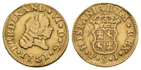 Fernando VI (1746-1759). 1/2 escudo. 1751. Sevilla. PJ. (Cal-264). Au. 1,74 g. Ha estado en aro. Escasa. BC+. Est...100,00.