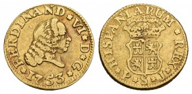 Fernando VI (1746-1759). 1/2 escudo. 1753. Sevilla. PJ. (Cal-266). Au. 1,75 g. MBC-. Est...100,00.