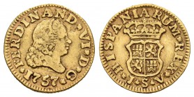Fernando VI (1746-1759). 1/2 escudo. 1757. Sevilla. JV. (Cal-273). Au. 1,75 g. Estuvo en aro. MBC-. Est...110,00.