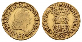 Fernando VI (1746-1759). 1/2 escudo. 1759. Sevilla. JV. (Cal-276). Au. 1,62 g. Escasa. BC+. Est...100,00.