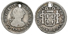 Carlos III (1759-1788). 1/2 real. 1787. Lima. MI. (Cal-1720). Ag. 1,67 g. Agujero. BC+. Est...15,00.