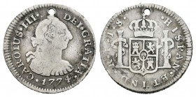 Carlos III (1759-1788). 1/2 real. 1774. Popayán. JS. (Cal-1783). Ag. 1,52 g. Agujero. Muy rara. MBC-. Est...75,00.