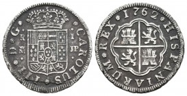 Carlos III (1759-1788). 1 real. 1762. Madrid. JP. (Cal-1514). Ag. 2,67 g. Hoia en anverso. MBC-. Est...50,00.