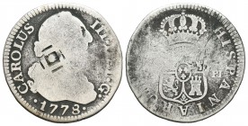 Carlos III (1759-1788). 2 reales. 1778. Madrid. PJ. (Cal-1308). Ag. 5,11 g. Resello de Matanzas, Cuba. BC. Est...20,00.