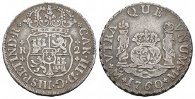 Carlos III (1759-1788). 2 reales. 1760. México. M. (Cal-1323). Ag. 6,66 g. MBC-. Est...90,00.
