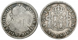 Carlos III (1759-1788). 2 reales. 1773. Potosí. JR. (Cal-1381). Ag. 6,40 g. BC. Est...18,00.