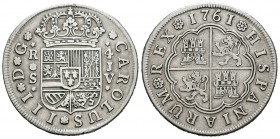 Carlos III (1759-1788). 4 reales. 1761. Sevilla. JV. (Cal-1218). Ag. 13,11 g. Escasa. MBC. Est...80,00.