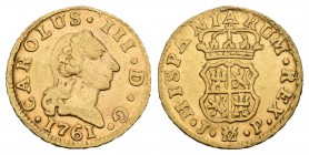 Carlos III (1759-1788). 1/2 escudo. 1761. Madrid. JP. (Cal-754). Au. 1,76 g. MBC-. Est...100,00.