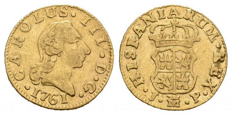 Carlos III (1759-1788). 1/2 escudo. 1761. Madrid. JP. (Cal-754). Au. 1,58 g. BC+...