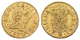 Carlos III (1759-1788). 1/2 escudo. 1770. Madrid. PJ. (Cal-764). Au. 1,72 g. MBC-. Est...100,00.