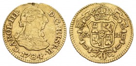 Carlos III (1759-1788). 1/2 escudo. 1784. Madrid. JD. (Cal-776). Au. 1,76 g. Soldadura reparada a las 12 h. MBC-. Est...100,00.