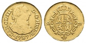 Carlos III (1759-1788). 1/2 escudo. 1787. Madrid. DV. (Cal-779). Au. 1,75 g. Estuvo en aro. MBC/MBC+. Est...75,00.