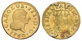 Carlos III (1759-1788). 1/2 escudo. 1760. Sevilla. JV. (Cal-784). Au. 1,71 g. Soldaduras en reverso. BC+. Est...90,00.