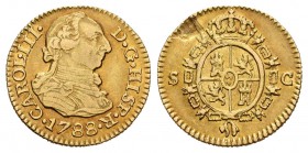 Carlos III (1759-1788). 1/2 escudo. 1788. Sevilla. C. (Cal-808). Au. 1,71 g. Hoja en reverso. MBC+. Est...110,00.