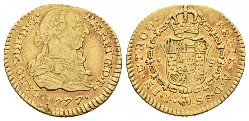 Carlos III (1759-1788). 1 escudo. 1777. Popayán. SF. (Cal-676). Au. 3,34 g. Esca...