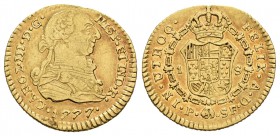 Carlos III (1759-1788). 1 escudo. 1777. Popayán. SF. (Cal-676). Au. 3,34 g. Escasa. MBC-/MBC. Est...140,00.