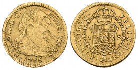 Carlos III (1759-1788). 1 escudo. 1785. Popayán. SF. (Cal-684). Au. 3,32 g. Estuvo en aro. MBC-. Est...100,00.