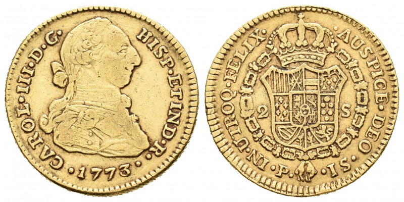 Carlos III (1759-1788). 2 escudos. 1773. Popayán. JS. (Cal-503). Au. 6,69 g. MBC...