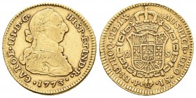 Carlos III (1759-1788). 2 escudos. 1773. Popayán. JS. (Cal-503). Au. 6,69 g. MBC-. Est...190,00.