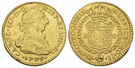 Carlos III (1759-1788). 2 escudos. 1779. Santa Fe de Nuevo Reino. JJ. (Cal-557). Au. 6,72 g. Estuvo en aro. Escasa. MBC-. Est...230,00.