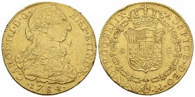Carlos III (1759-1788). 8 escudos. 1784. Santa Fe de Nuevo Reino. JJ. (Cal-193). (Cal onza-887). Au. 26,96 g. Estuvo en aro. MBC/MBC+. Est...875,00.