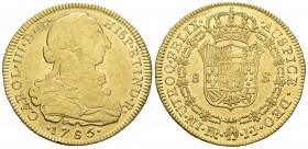 Carlos III (1759-1788). 8 escudos. 1785. Nuevo Reino. JJ. (Cal-195). (Cal onza-889). Au. 26,95 g. MBC+. Est...900,00.