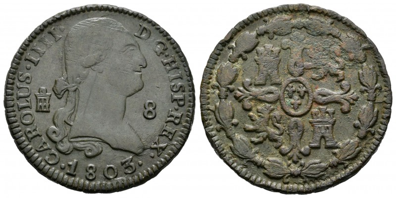 Carlos IV (1788-1808). 8 maravedís. 1803. Segovia. (Cal-1494). Ae. 11,75 g. Raya...