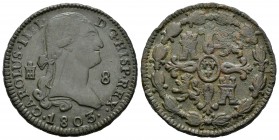 Carlos IV (1788-1808). 8 maravedís. 1803. Segovia. (Cal-1494). Ae. 11,75 g. Rayas en anverso. EBC-/MBC. Est...30,00.