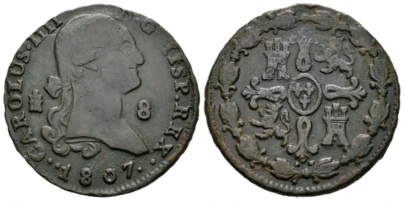Carlos IV (1788-1808). 8 maravedís. 1807. Segovia. (Cal-1498). Ae. 10,28 g. MBC....