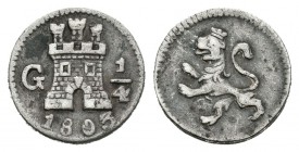 Carlos IV (1788-1808). 1/4 real. 1803. Guatemala. (Cal-1367). Ag. 0,86 g. Escasa. MBC+. Est...100,00.