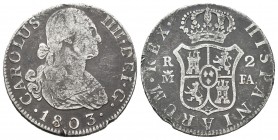 Carlos IV (1788-1808). 2 reales. 1802. Madrid. FA. (Cal-973). Ag. 5,65 g. Golpes en el canto. BC. Est...15,00.