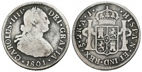 Carlos IV (1788-1808). 2 reales. 1801. Santiago. AJ. (Cal-1048). Ag. 6,34 g. Escasa. BC+. Est...80,00.
