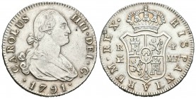 Carlos IV (1788-1808). 4 reales. 1791. Madrid. MF. (Cal-824). Ag. 13,12 g. Canto ligeramente liso a las 3 h. MBC+. Est...170,00.