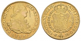 Carlos IV (1788-1808). 2 escudos. 1807. Madrid. FA. (Cal-350). Au. 6,65 g. Raya en anverso. MBC+. Est...230,00.