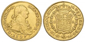 Carlos IV (1788-1808). 2 escudos. 1807. Madrid. AI. (Cal-351). Au. 6,61 g. Soldadura reparada a las 12 h. MBC+. Est...200,00.