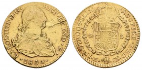 Carlos IV (1788-1808). 2 escudos. 1804. Sevilla. CN. (Cal-456). Au. 6,72 g. Hoja en anverso. MBC-/MBC. Est...200,00.