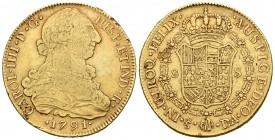 Carlos IV (1788-1808). 8 escudos. 1791. Santiago. DA. (Cal-150). (Cal onza-1155). Au. 26,87 g. Busto de Carlos III. Golpes en el canto y hoja en rever...