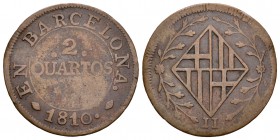 José Napoleón (1808-1814). 2 cuartos. 1810. Barcelona. (Cal-89). Ae. 3,76 g. Rara. BC+/MBC-. Est...90,00.