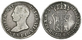 José Napoleón (1808-1814). 4 reales. 1811. Madrid. AI. (Cal-55). Ag. 5,75 g. BC+. Est...20,00.