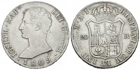 José Napoleón (1808-1814). 20 reales. 1809. Madrid. AI. (Cal-24). Ag. 27,15 g. Hoja en anverso. MBC-/MBC. Est...140,00.