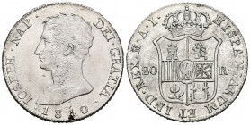 José Napoleón (1808-1814). 20 reales. 1810. Madrid. AI. (Cal-25). Ag. 26,79 g. Águila grande. Plata agria. Oxidaciones superficiales limpiadas en reve...