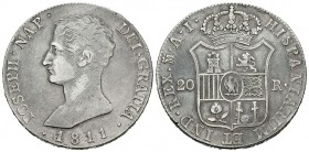 José Napoleón (1808-1814). 20 reales. 1811. Madrid. AI. (Cal-29). Ag. 26,89 g. Águila pequeña. MBC-. Est...175,00.