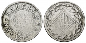 José Napoleón (1808-1814). 1 peseta. 1810. Barcelona. (Cal-46). Ag. 4,94 g. BC. Est...30,00.