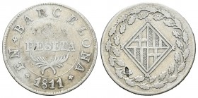 José Napoleón (1808-1814). 1 peseta. 1811. Barcelona. (Cal-47). Ag. 5,54 g. Hoja en reverso. MBC-. Est...75,00.