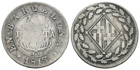 José Napoleón (1808-1814). 1 peseta. 1813. Barcelona. (Cal-50). Ag. 5,40 g. Variante por distinta C de Barcelona. Rayitas. Escasa. BC+. Est...50,00.