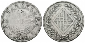 José Napoleón (1808-1814). 2 1/2 pesetas. 1808. Barcelona. (Cal-36). Ag. 13,11 g. Golpecito en el canto. Hojitas. Escasa. MBC-. Est...150,00.