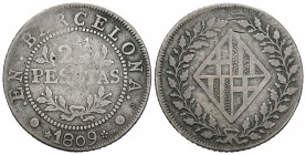 José Napoleón (1808-1814). 2 1/2 pesetas. 1809. Barcelona. (Cal-37). Ag. 12,81 g. Rayas en reverso. BC+. Est...125,00.
