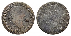 Fernando VII (1808-1833). 1/2 maravedí. 1818. Pamplona. (Cal-1662). Ae. 0,84 g. Cabeza laureada. Oxidaciones. Rara. BC+. Est...60,00.