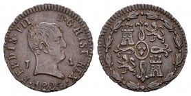 Fernando VII (1808-1833). 1 maravedí. 1824. Jubia. (Cal-1592). Ae. 1,27 g. Escasa. EBC-. Est...120,00.